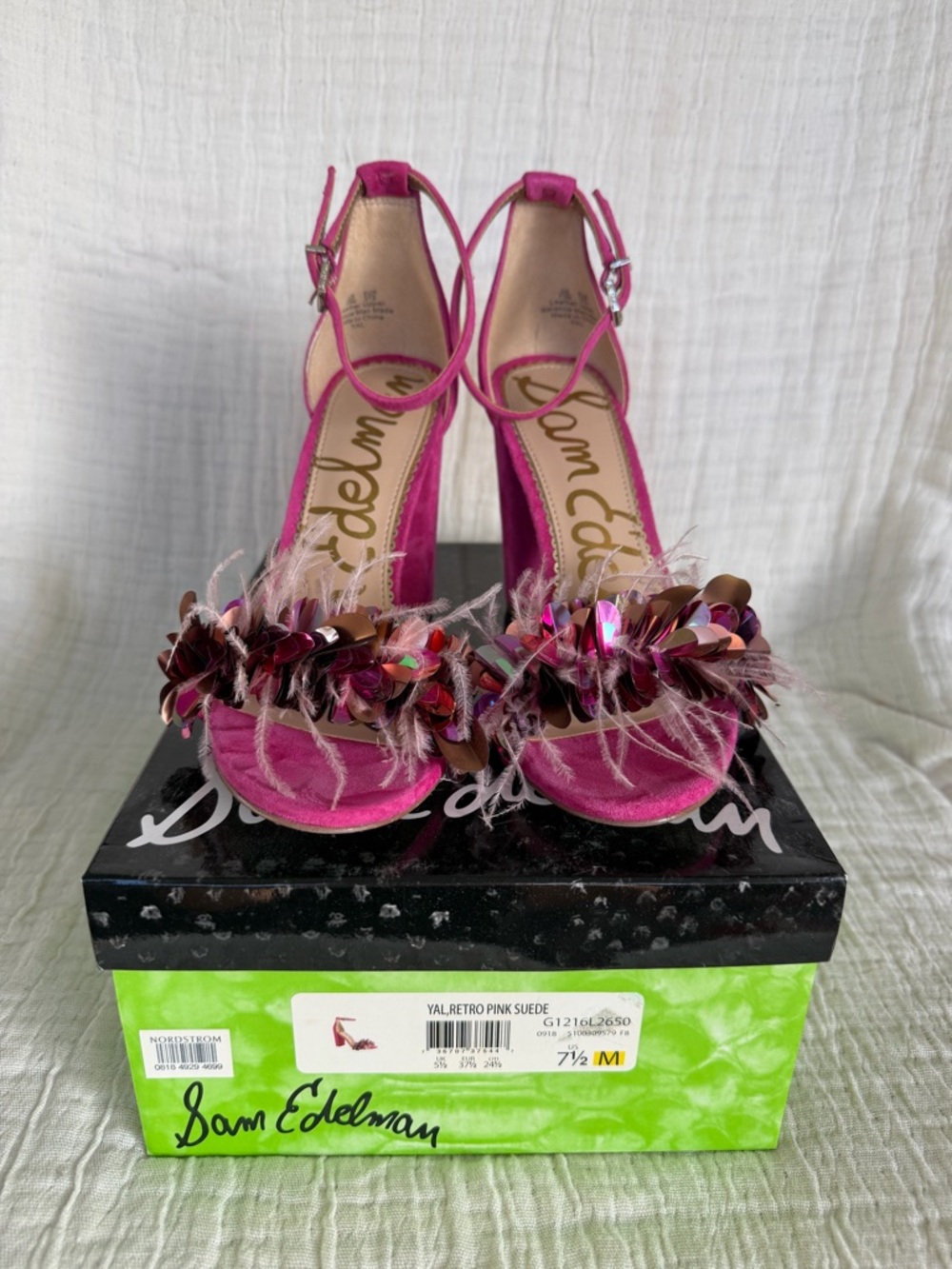 Sam Edelman Pink Suede Feather & Sequin Ankle-Strap Heels